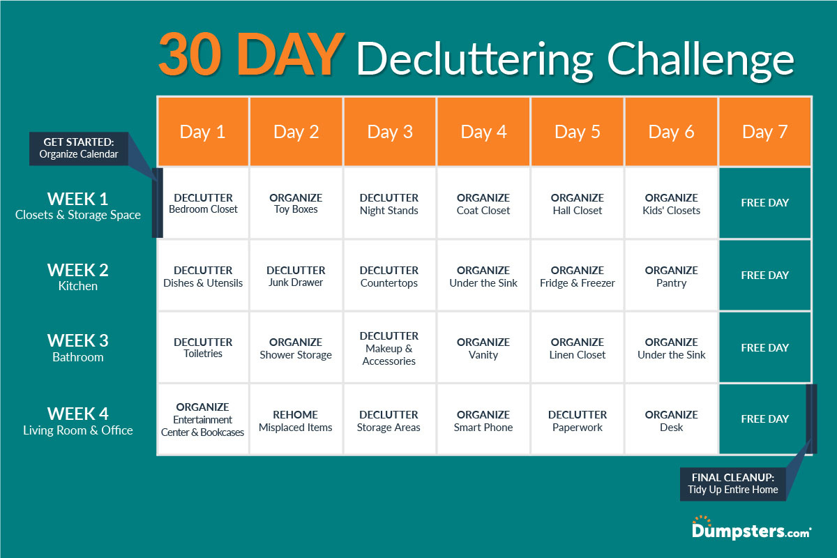 The full dumpsters.com 30 day decluttering challenge calendar.