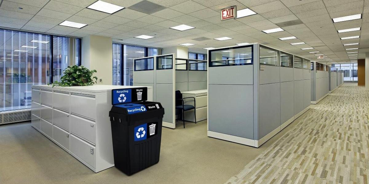 Corporate office with recycling bins.
